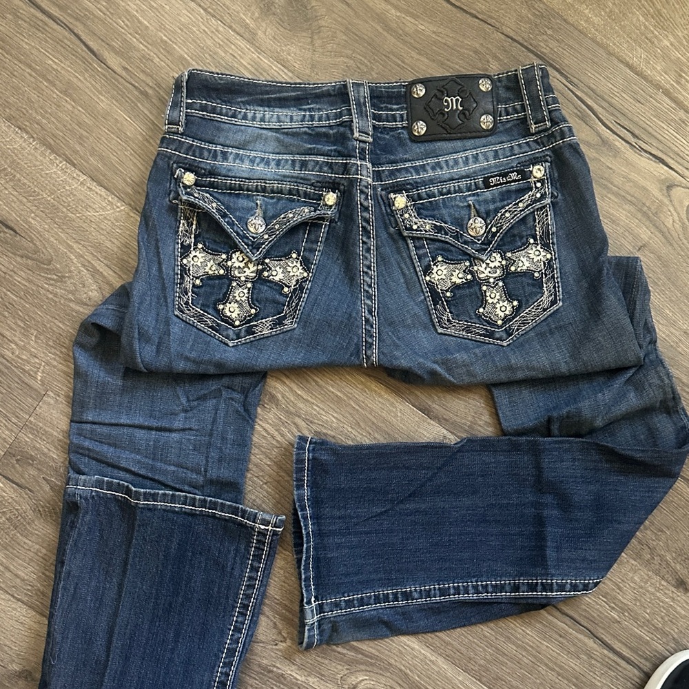 Miss Me Women's Cross Stitched Boot Cut Jeans with Embellished Pockets